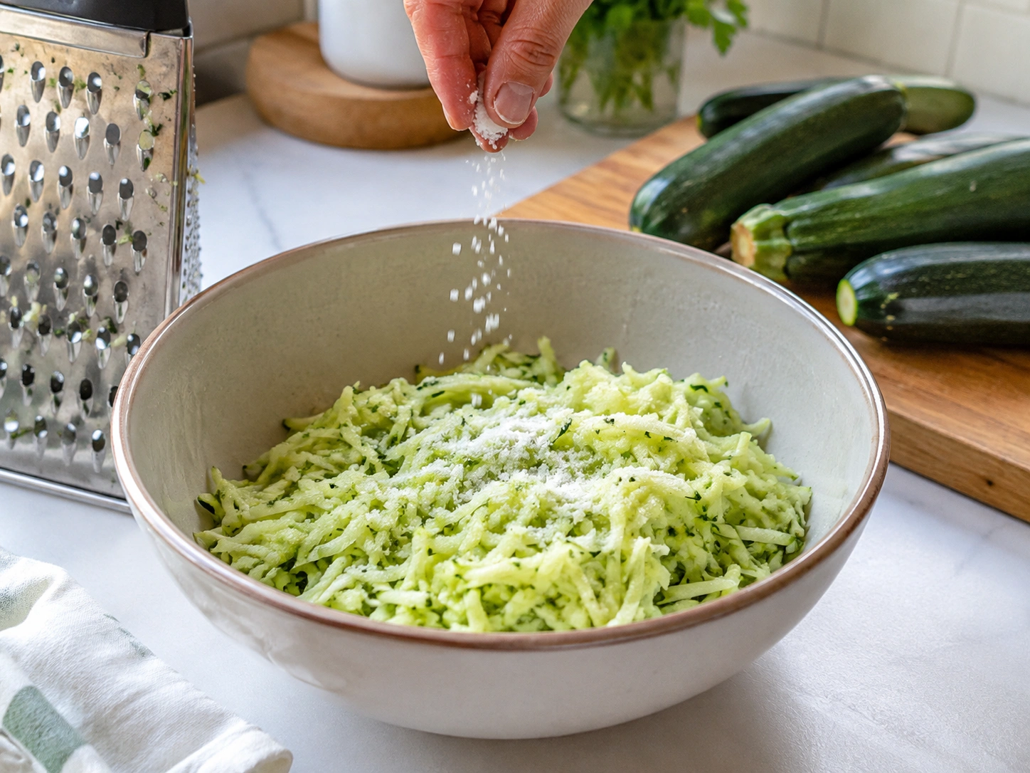 Salted grated zucchini resting in a colander